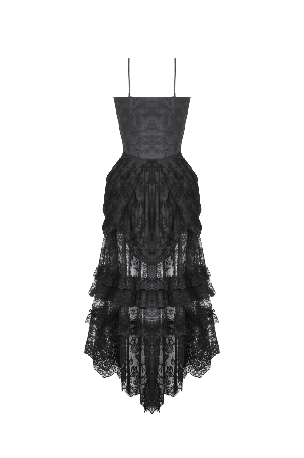 Chic Black Lace Tiered Evening Dress with Straps