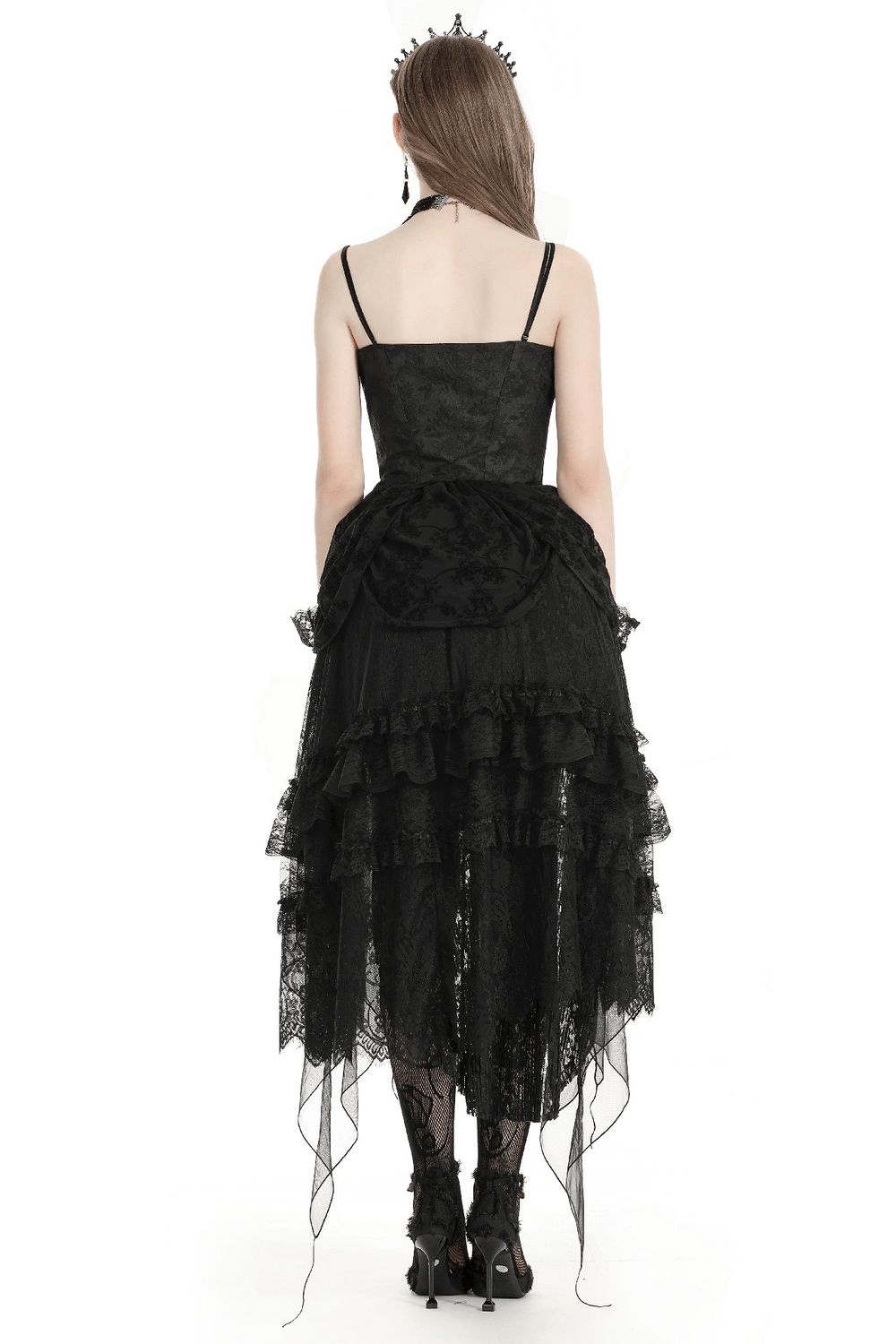 Chic Black Lace Tiered Evening Dress with Straps