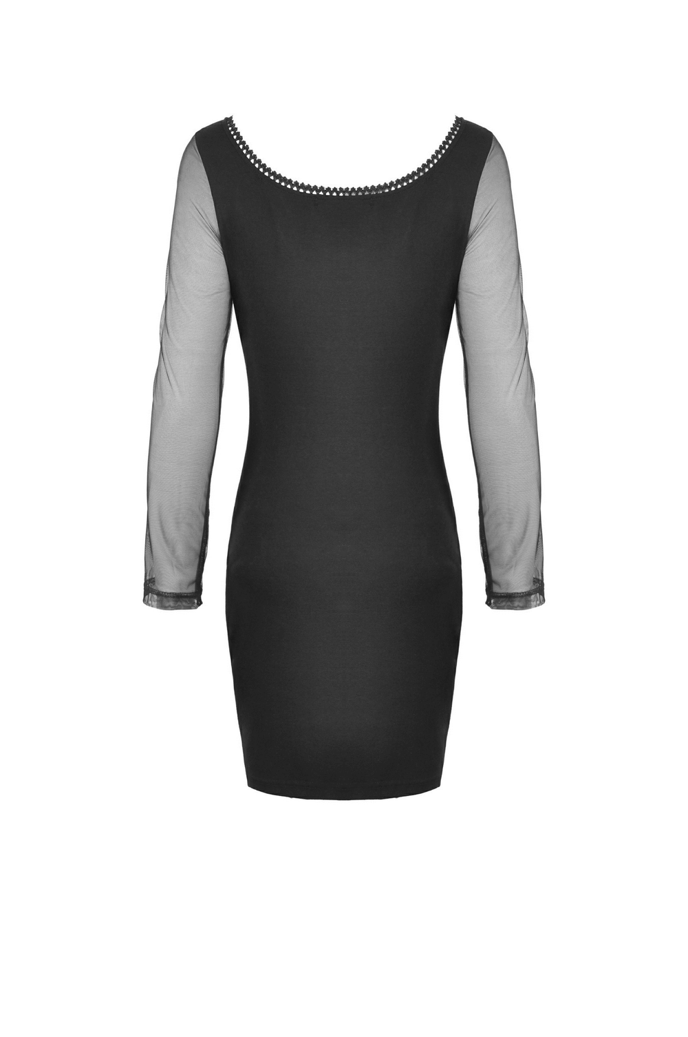 Back view of a chic black lace-up mini dress with sheer sleeves and a scoop neck, perfect for elegant evenings.