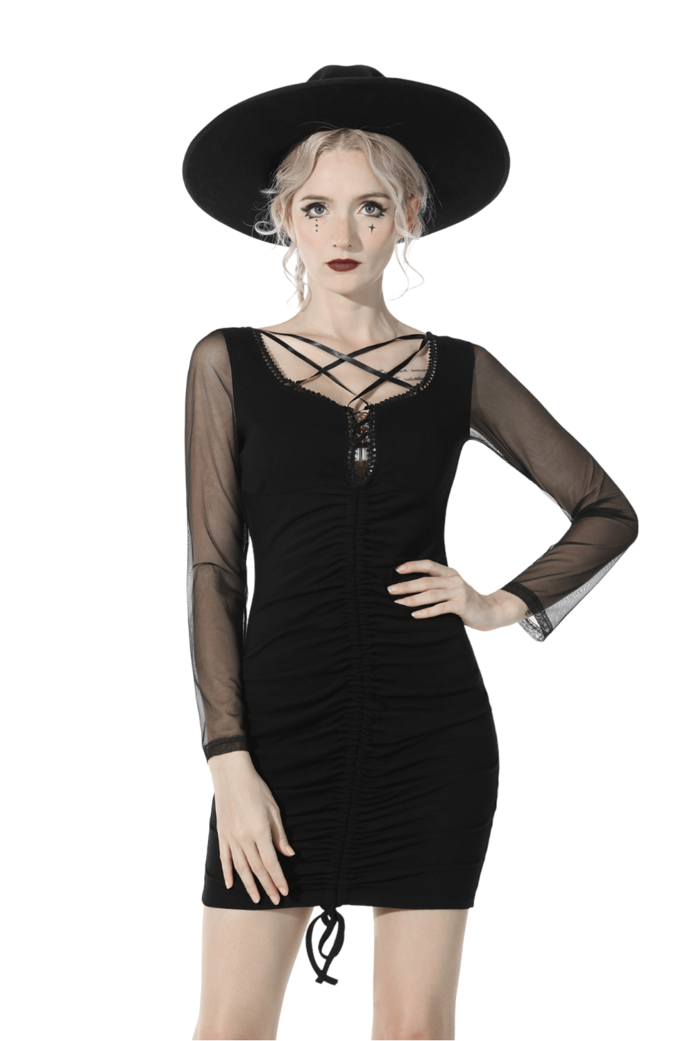 Chic black lace-up mini dress with sheer sleeves, styled with a wide-brim hat for a fashionable look.