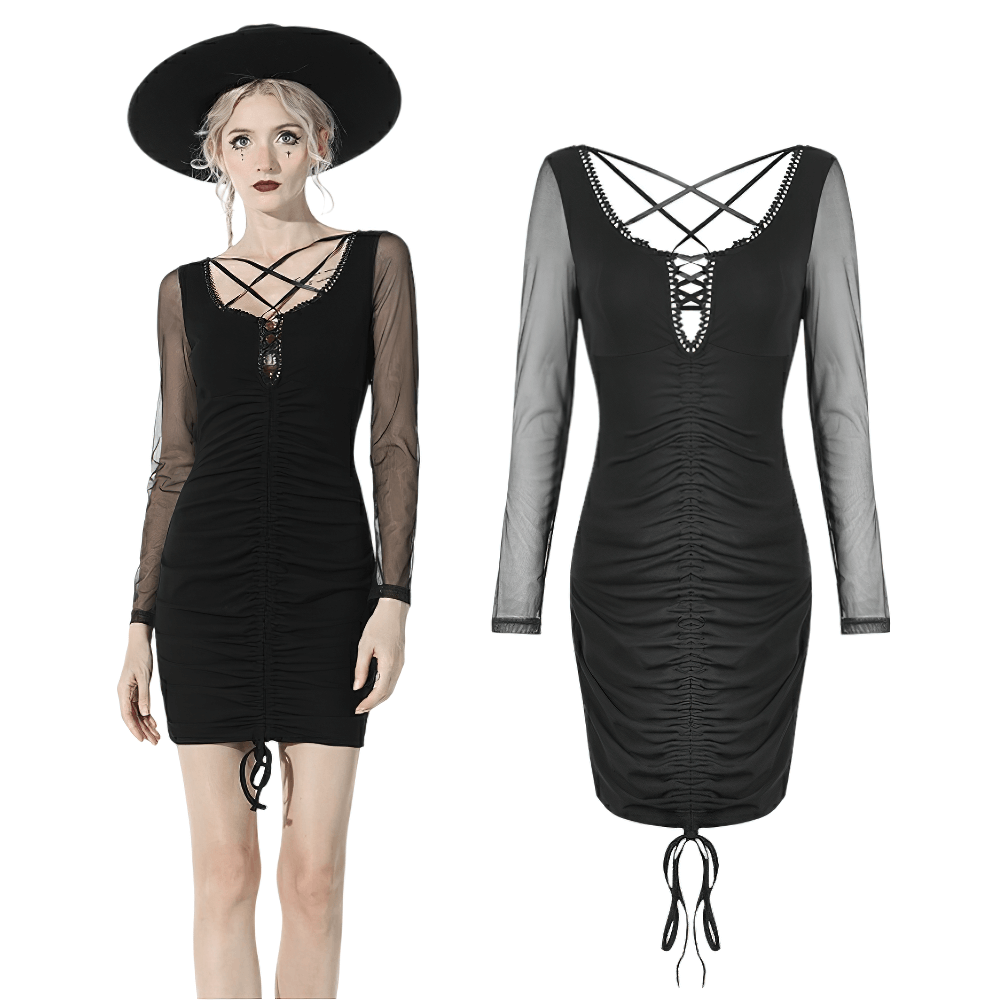 Chic black lace-up mini dress with sheer sleeves and ruched detail, perfect for a stylish night out.