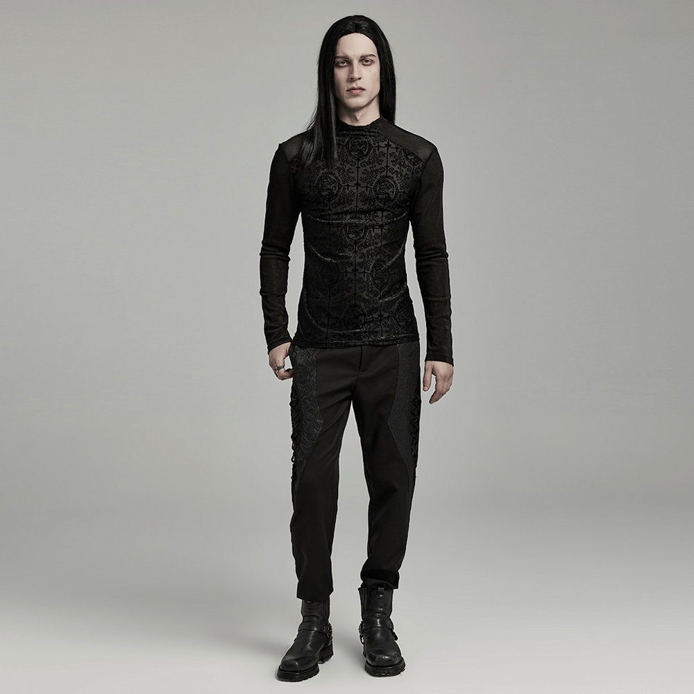 Chic black men's printed flocking mesh top featuring an artistic design for urban elegance and sophistication.