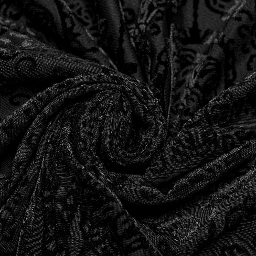 Close-up of luxurious black flocking mesh fabric with intricate black art print, perfect for stylish men's tops.