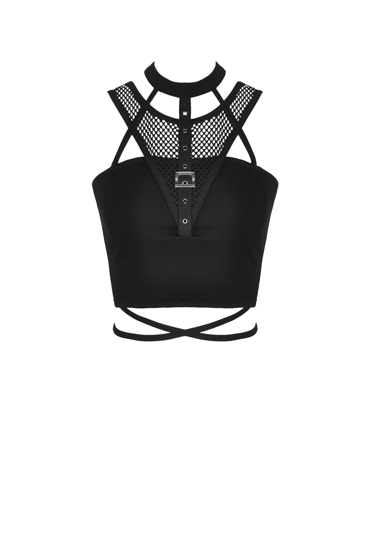 Chic black mesh-panel crop top with choker neckline, featuring stylish mesh detailing and modern design.
