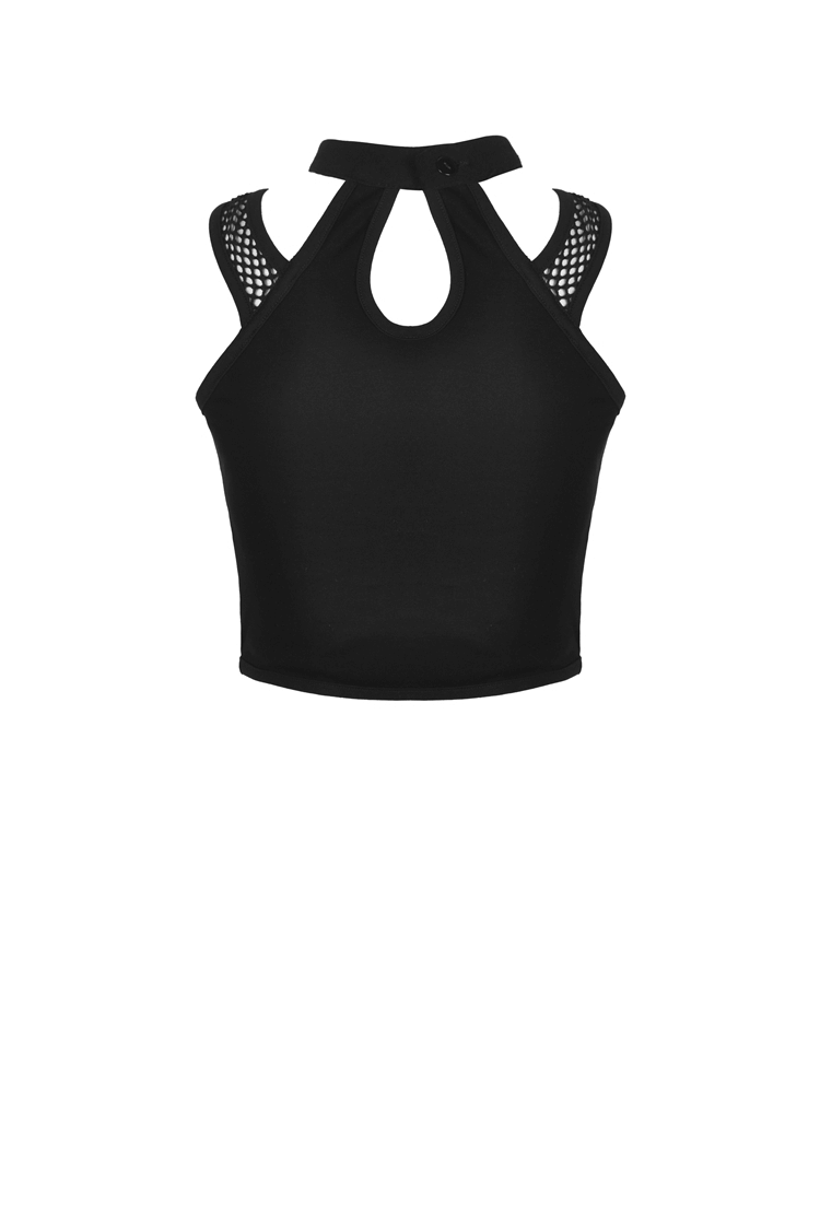 Chic black mesh-panel crop top with choker neckline for elegant evening wear and special occasions.
