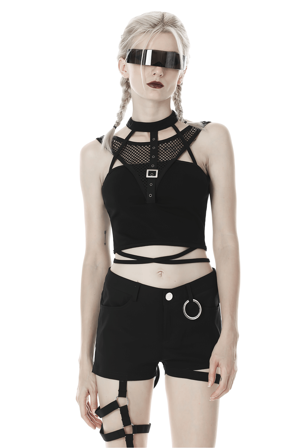 Chic black mesh-panel crop top with choker neckline and stylish accessories, perfect for high-fashion looks.