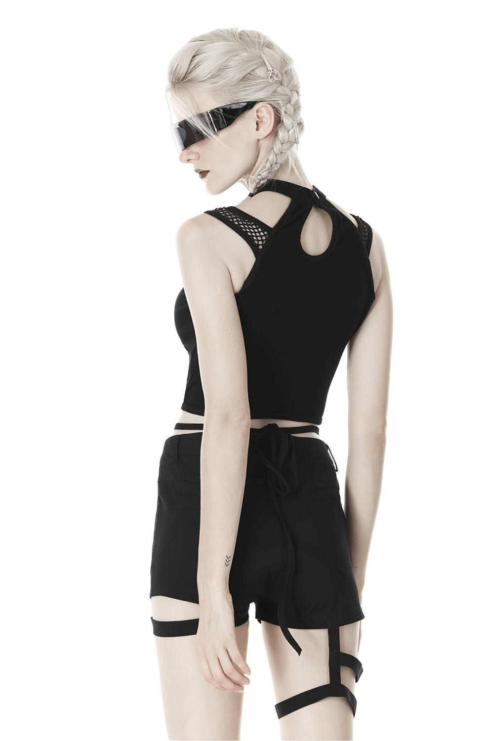 Chic black mesh-panel crop top with choker neckline, showcased on a model with stylish retro sunglasses.