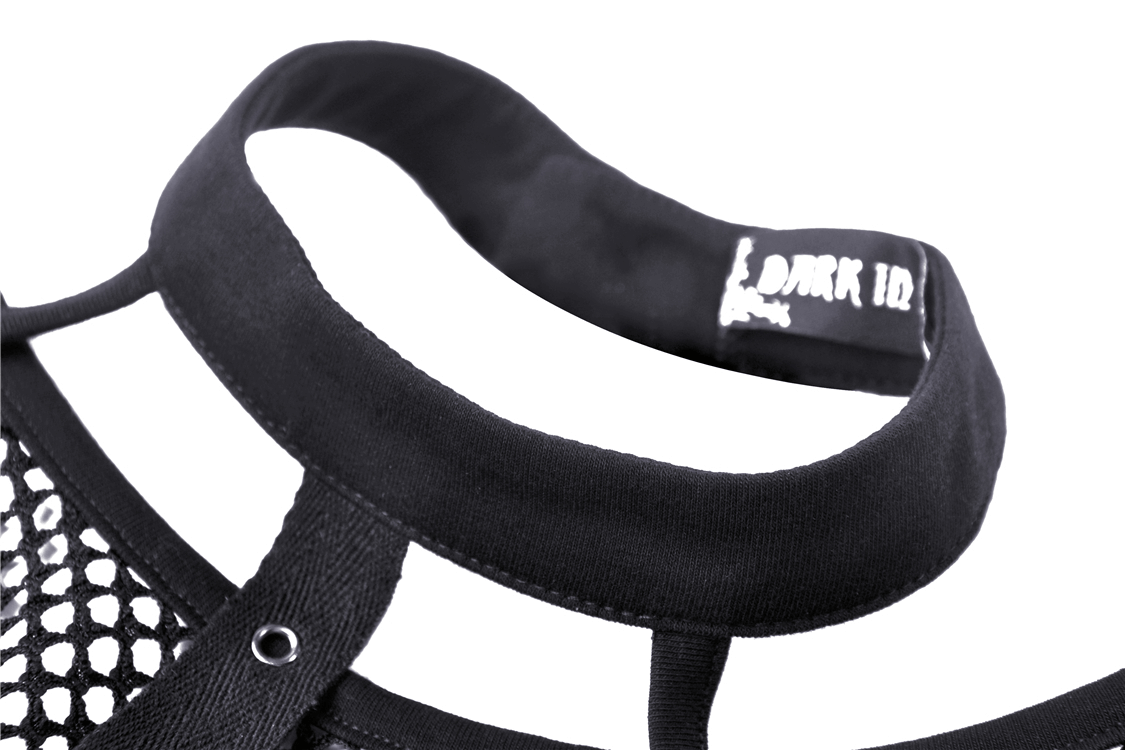 Chic black mesh-panel crop top with choker neckline, showcasing stylish mesh detailing and modern elegance.