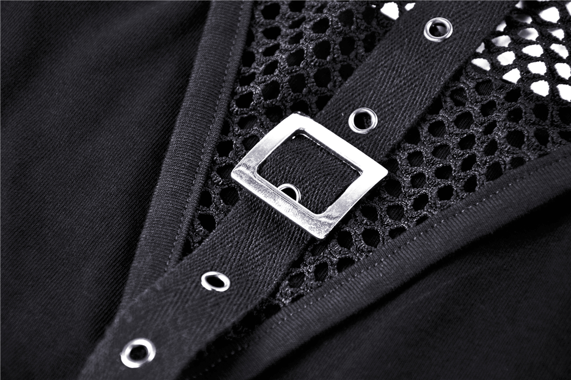 Close-up of chic black mesh-panel crop top with stylish buckle and intricate mesh detailing.