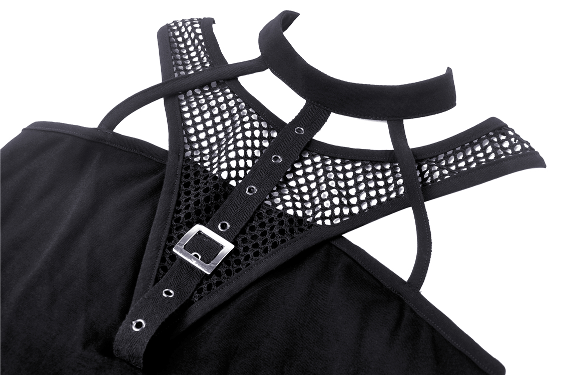 Chic black mesh-panel crop top with choker neckline and stylish fastenings, perfect for elegant evening wear.