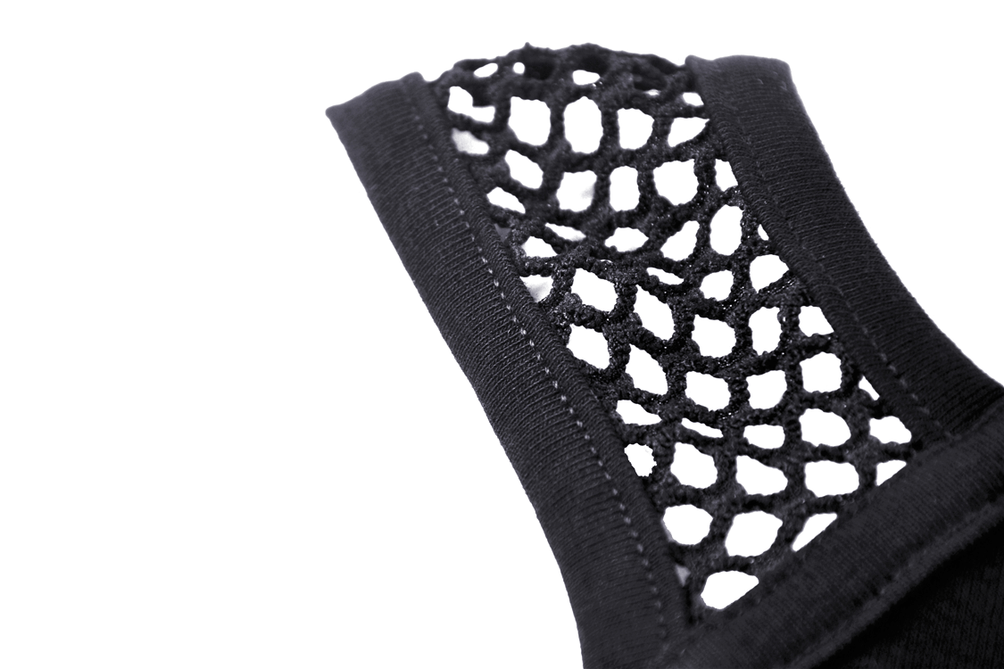 Close-up of elegant black crop top featuring stylish mesh panel detailing for a contemporary look.