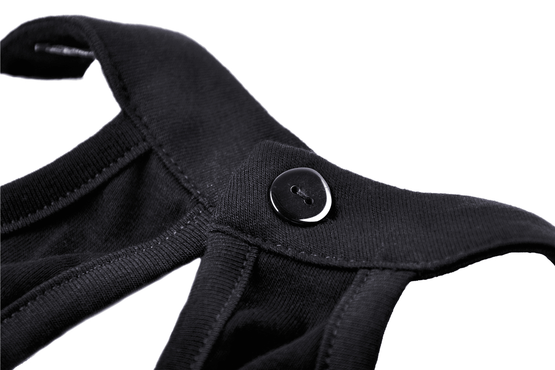 Close-up of black mesh-panel crop top showing button and stylish neckline detail.