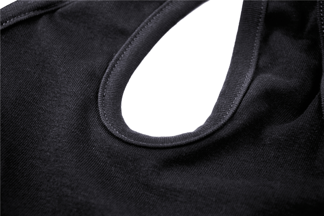 Close-up of the neck detail on a chic black crop top with a stylish mesh-panel design.