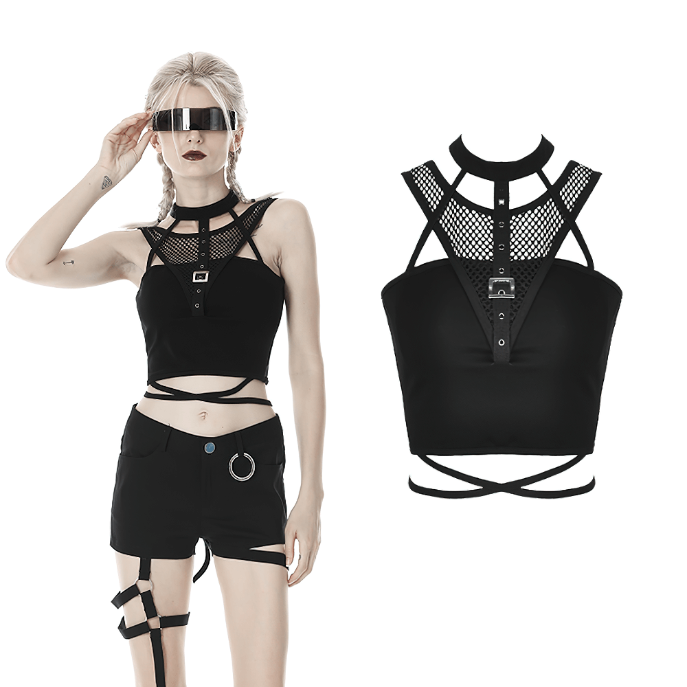 Chic black crop top with mesh panels and choker neckline, perfect for modern fashion and evening wear.