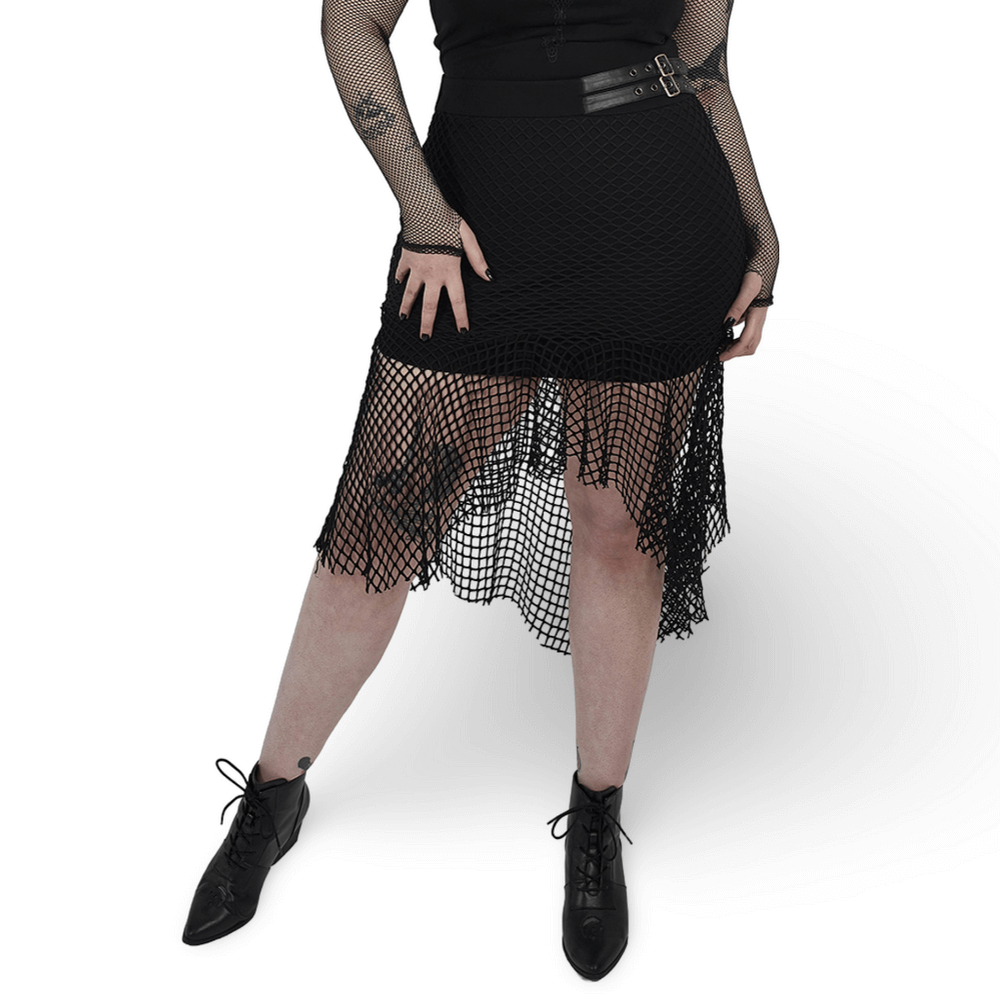 Chic black mesh skirt with buckles and asymmetric hem, perfect for stylish comfort and a fashionable look.
