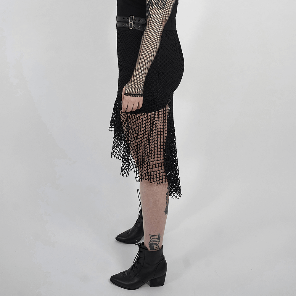 Chic Black Mesh Skirt with Buckles and Asymmetric Hem - HARD'N'HEAVY