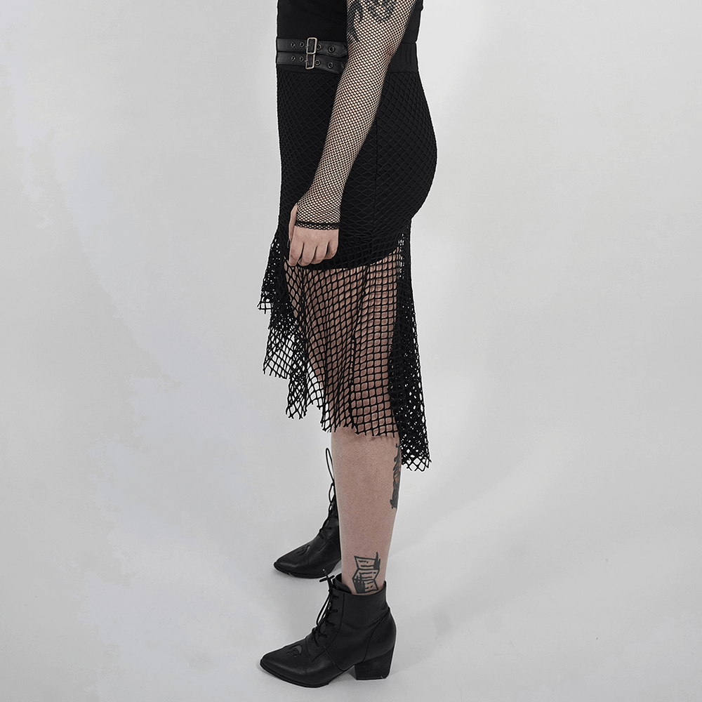 Chic black mesh skirt with buckles and asymmetric hem, showcasing stylish comfort and edgy design.