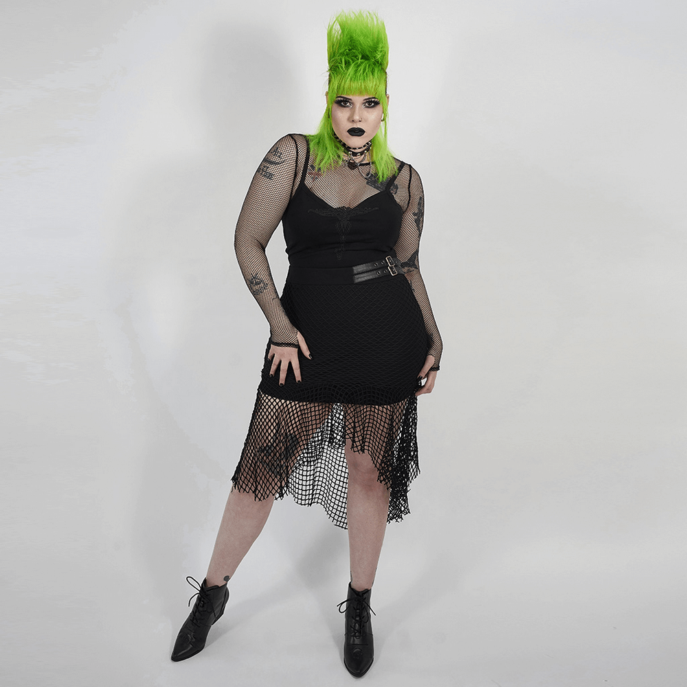 Chic black mesh skirt with buckles and asymmetric hem, styled with punk fashion and vibrant green hair.
