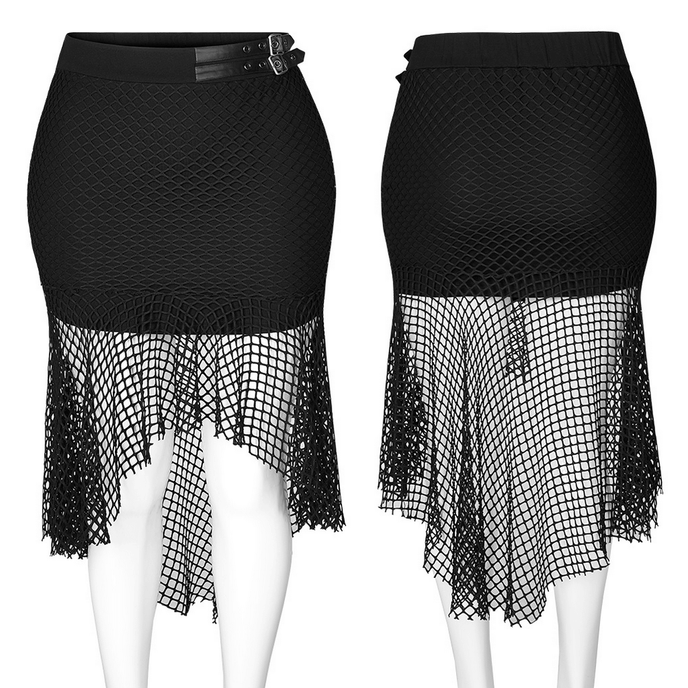 Chic black mesh fishtail skirt with buckles and asymmetric hem, perfect for stylish and comfortable wear.