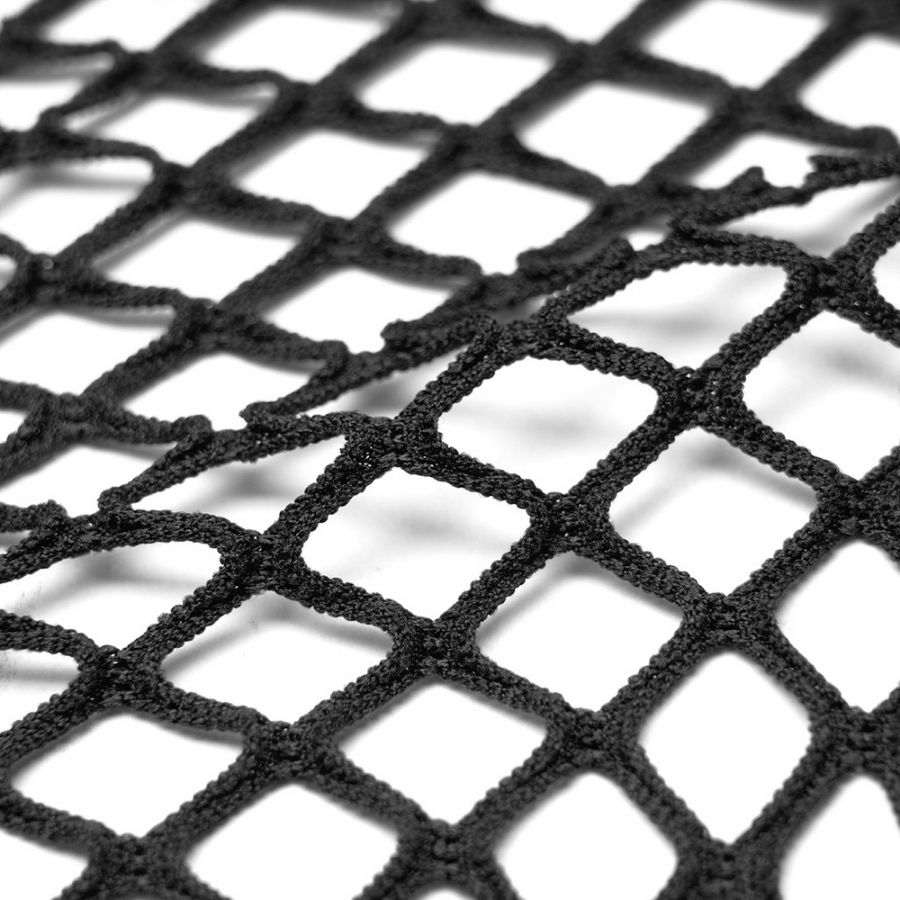 Close-up of black mesh fabric showcasing a stylish, durable net pattern for chic garments.