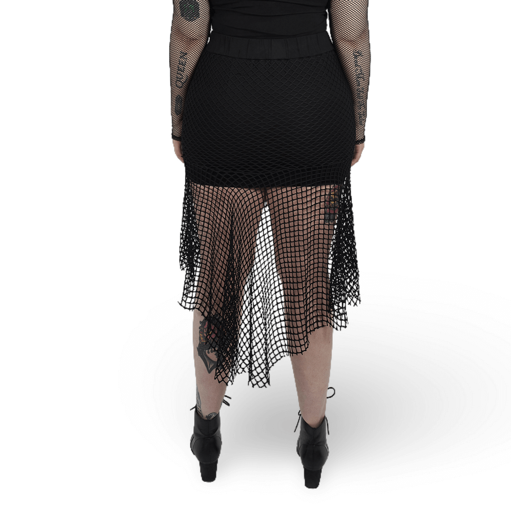 Chic black mesh skirt with buckles and asymmetric hem, showcasing stylish fishnet design and comfortable fit.