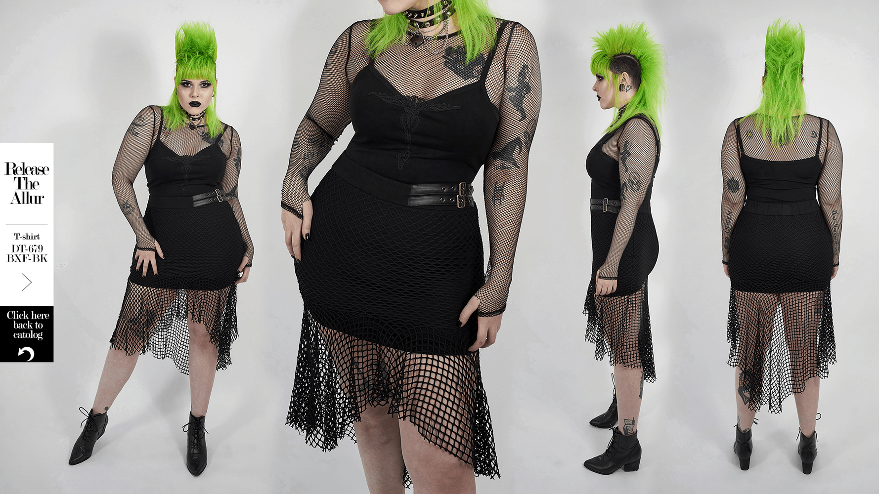 Chic black mesh skirt with buckles, asymmetric hem, and stylish knitted base, showcased on model with vibrant green hair.