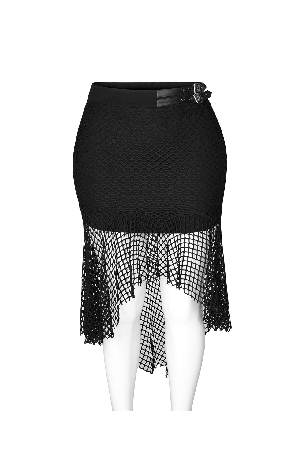 Chic black mesh skirt with buckles and asymmetric hem, perfect blend of style and comfort for any occasion.