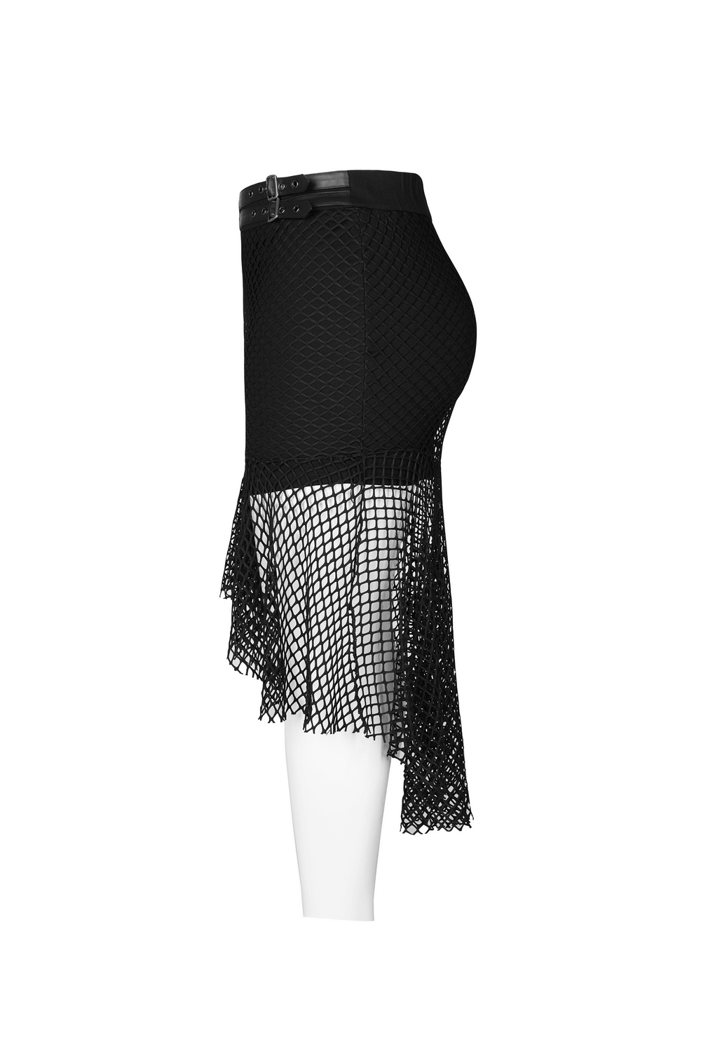 Chic black mesh fishtail skirt with asymmetric hem and buckles, showcasing stylish comfort and adjustable fit.
