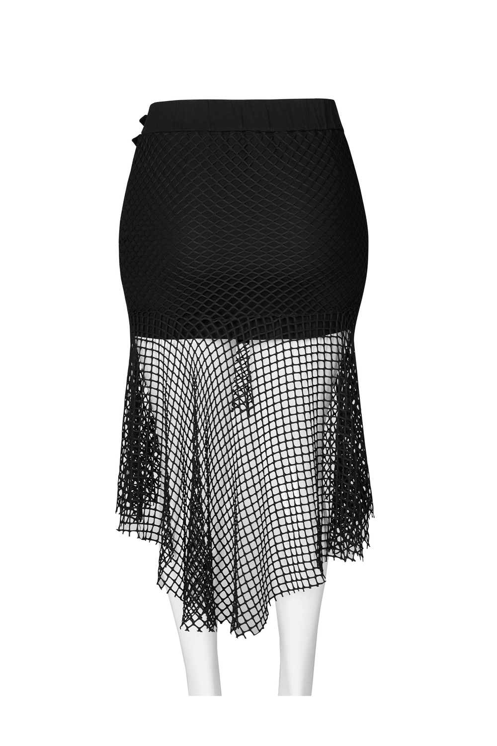 Chic black mesh skirt with buckles and asymmetric hem, blending style and comfort for a fashionable look.