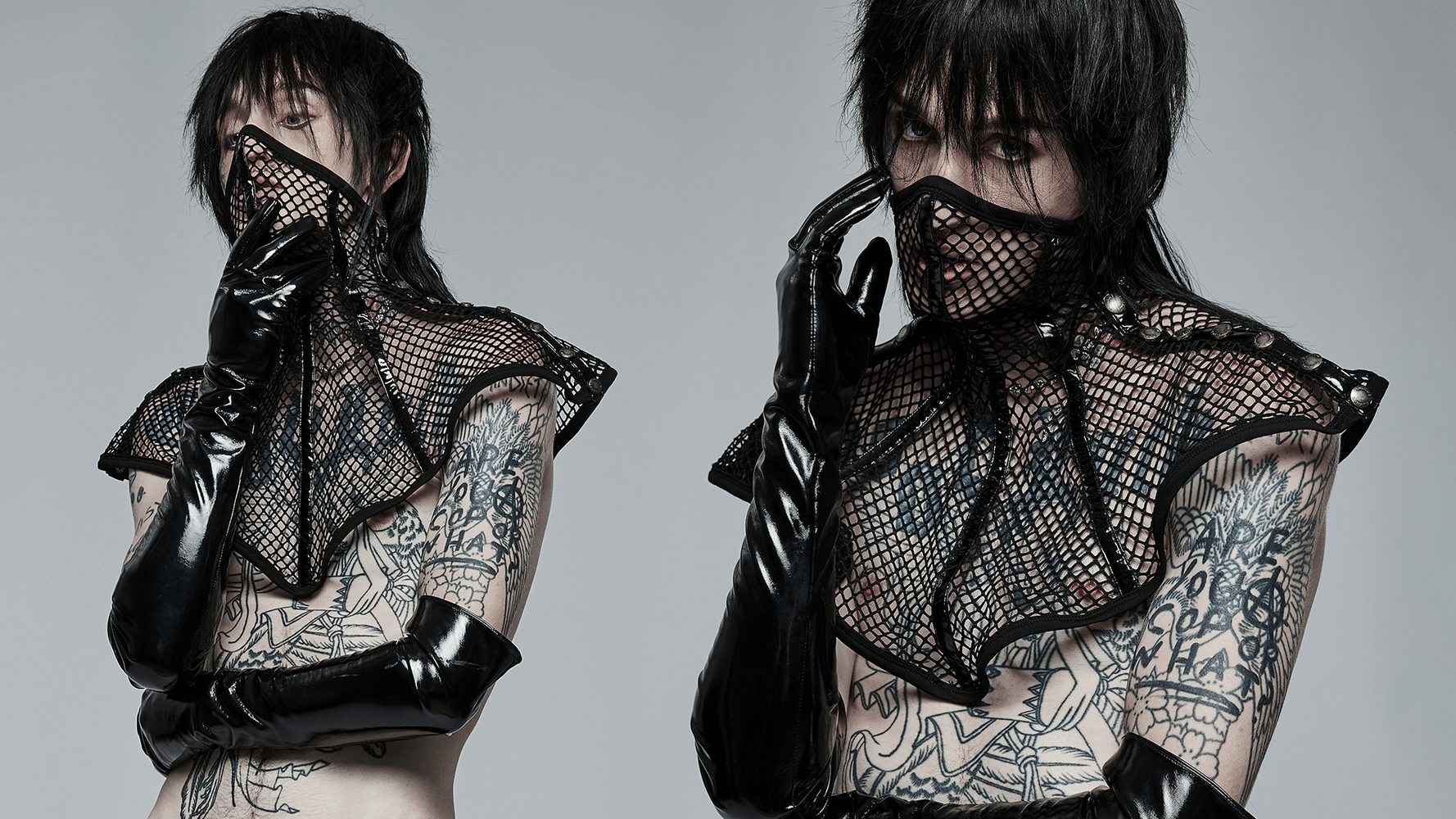 Chic black mesh collar with shoulder pads styled with glossy black gloves, exuding edgy sophistication and modern flair.