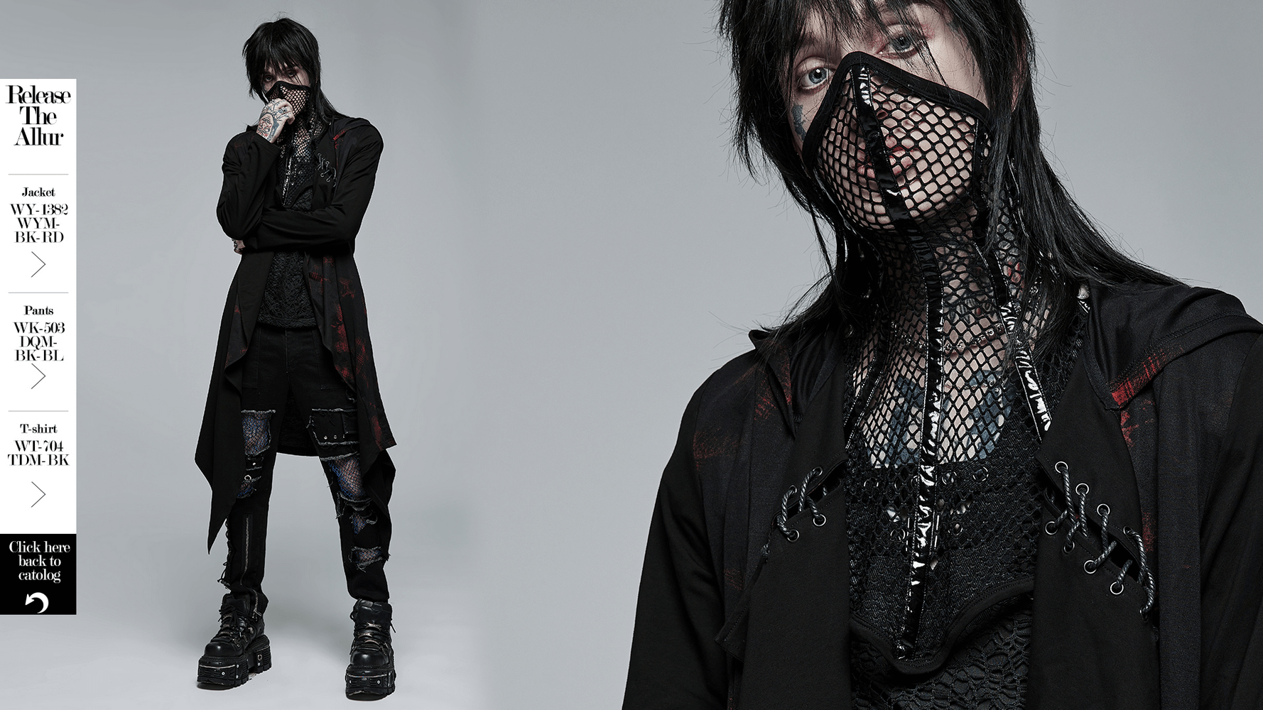 Stylish individual in a black mesh statement mask and layered outfit showcasing edgy fashion.