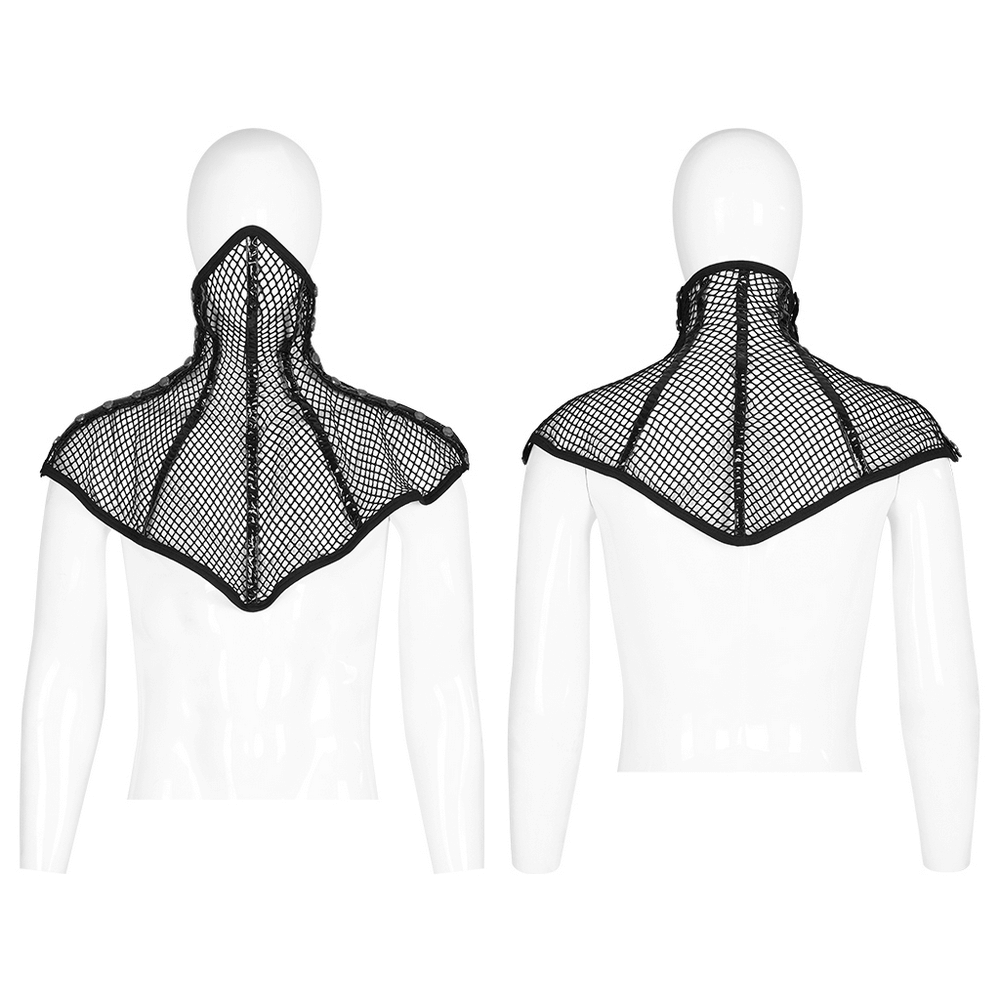 Chic black mesh statement mask collar with shoulder pads for a stylish evening look.