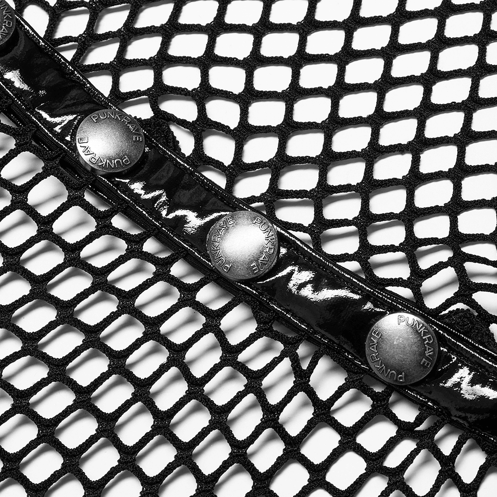 Close-up of a black mesh statement mask collar featuring stylish shoulder pads and silver button details.