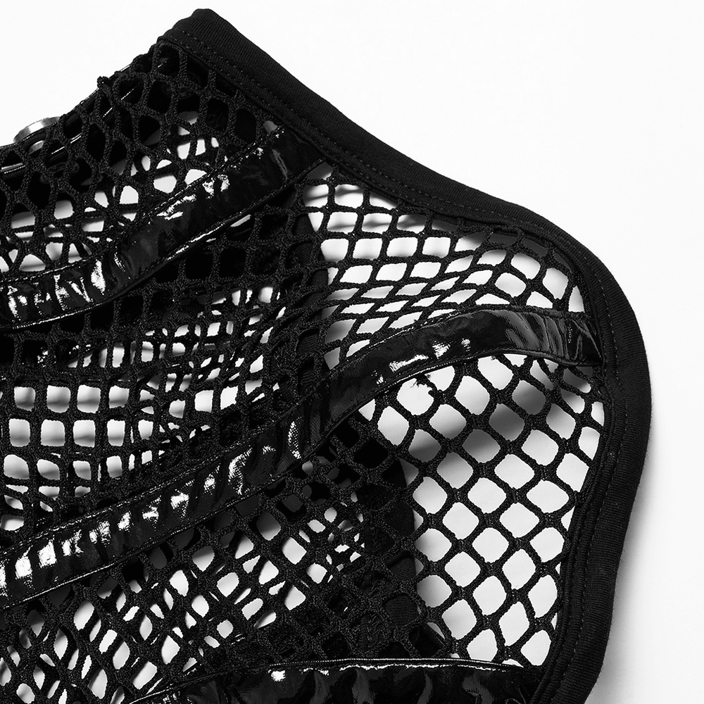 Chic black mesh statement mask collar with shoulder pads for a stylish, edgy look.