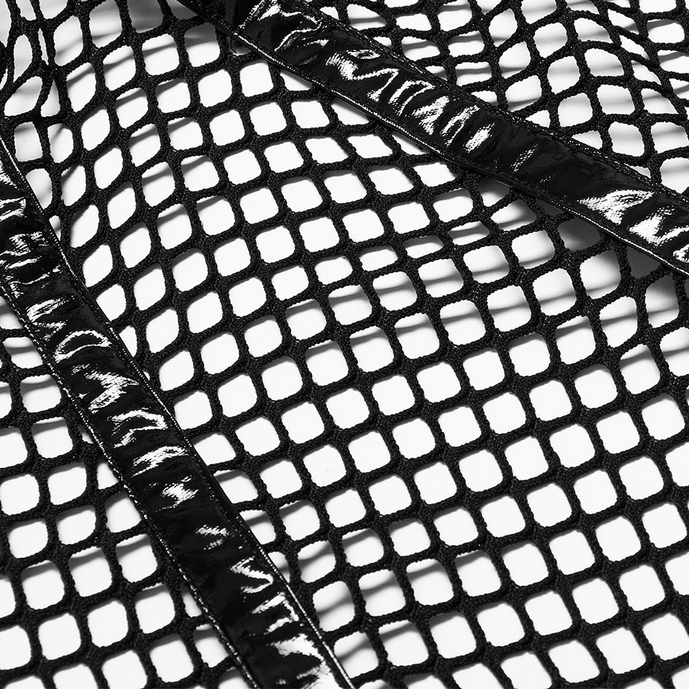 Close-up of stylish black mesh fabric with a grid pattern, showcasing its chic design for statement collars.