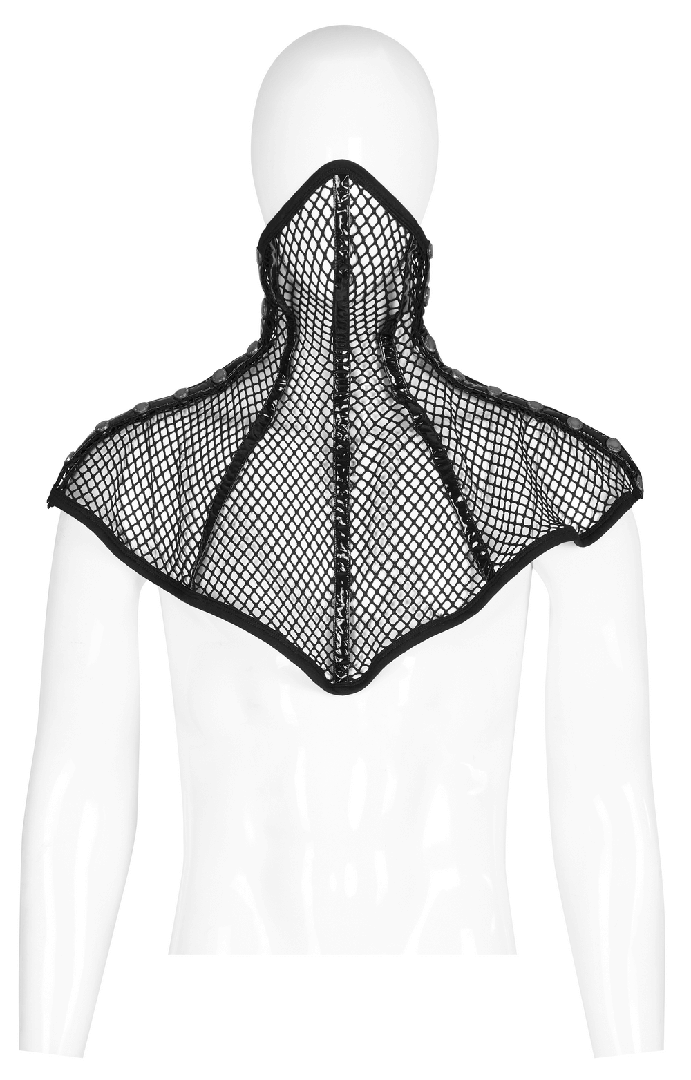 Chic black mesh statement collar with shoulder pads, perfect for elevating evening outfits and adding sophistication.