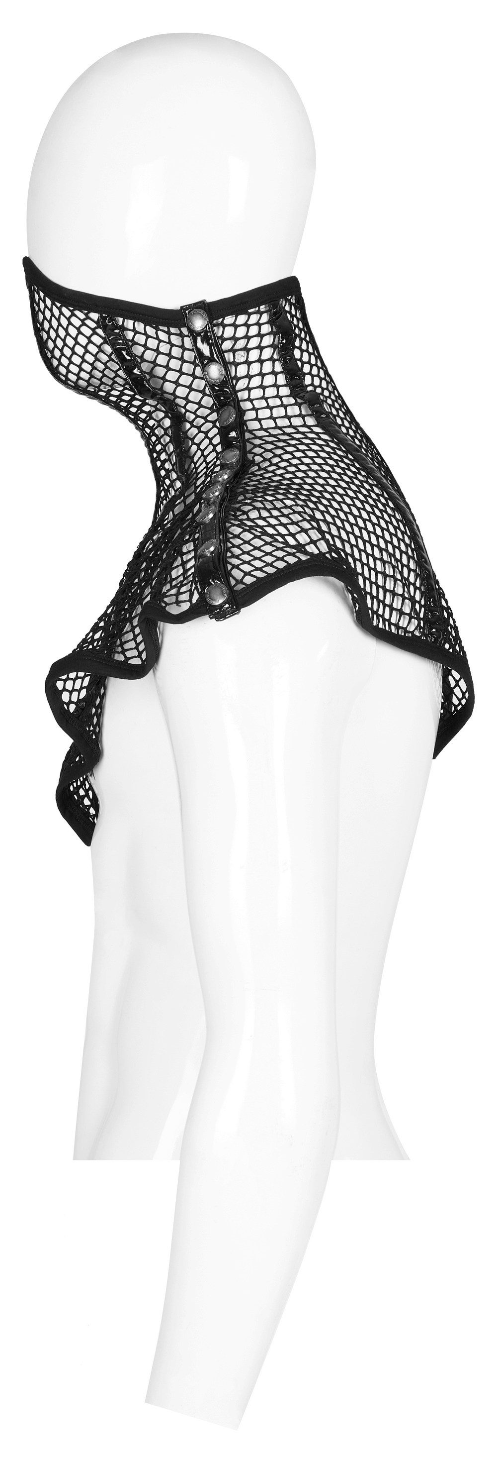 Chic black mesh statement mask collar with shoulder pads, stylish accessory for sophisticated outfits.