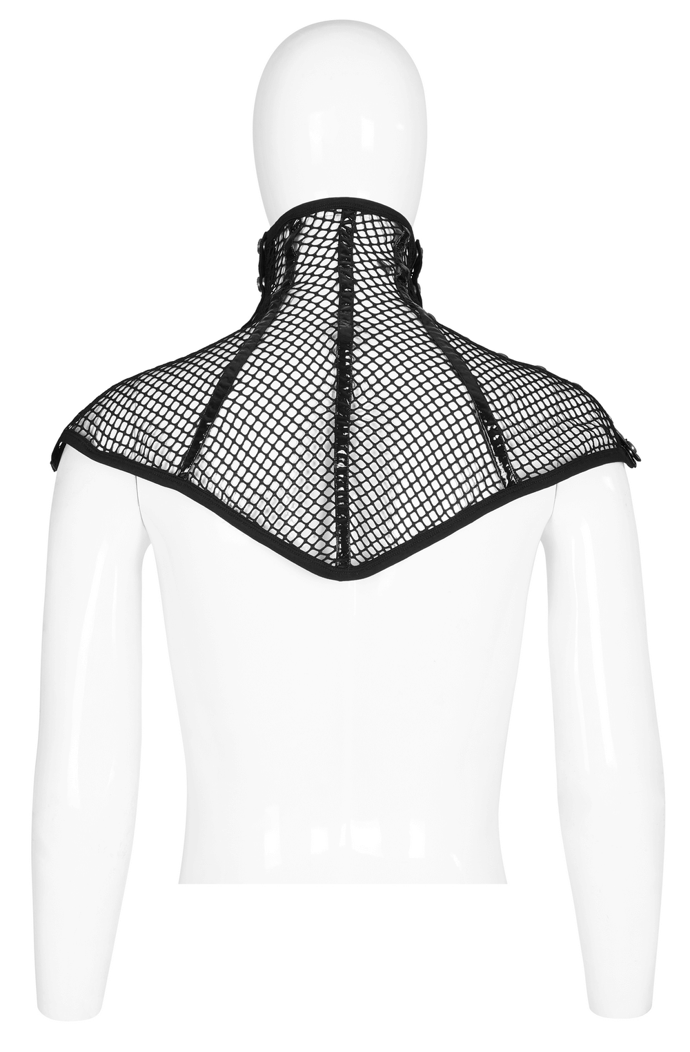 Chic black mesh statement mask collar with shoulder pads displayed on a mannequin from the back, adding flair to any outfit.