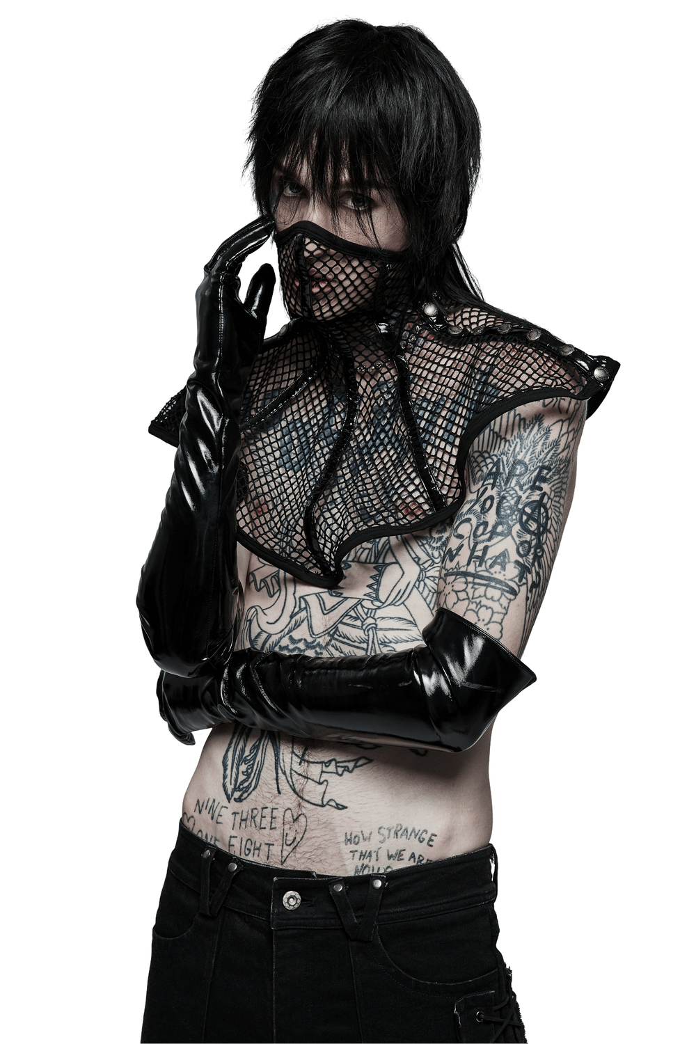 Chic black mesh statement mask collar with shoulder pads, paired with stylish gloves for a bold look.