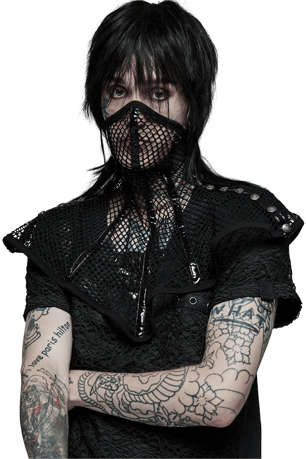 Chic black mesh statement mask collar with shoulder pads for a stylish and edgy look.