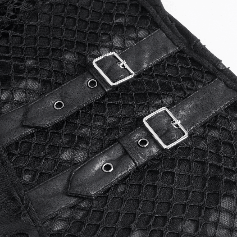 Close-up of chic black mesh t-shirt with buckle detailing and sheer panels, perfect for edgy street style.
