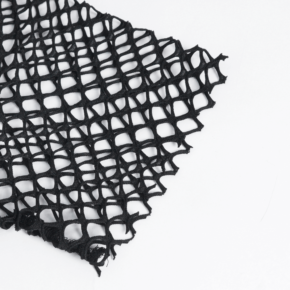 Close-up of edgy black mesh fabric with a net-like pattern, perfect for stylish punk and goth apparel.