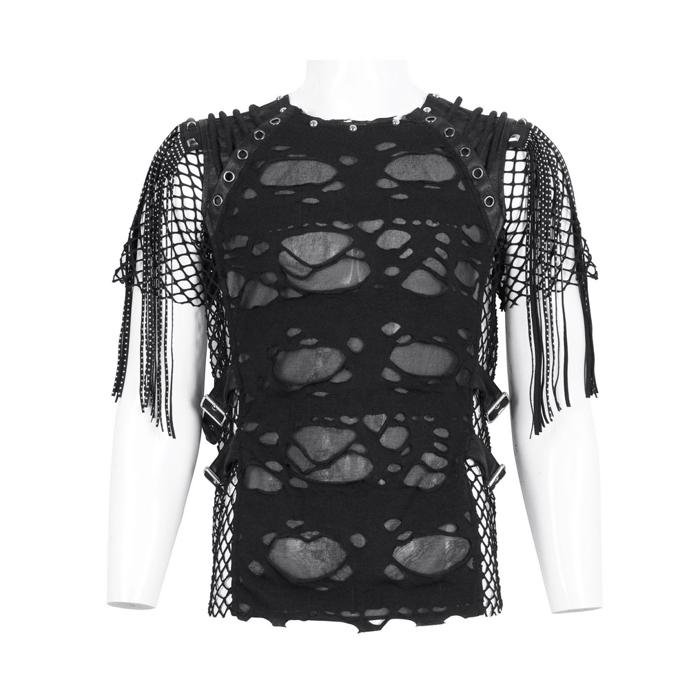 Chic black mesh t-shirt with fringe detailing and edgy tassel accents for a bold street style.