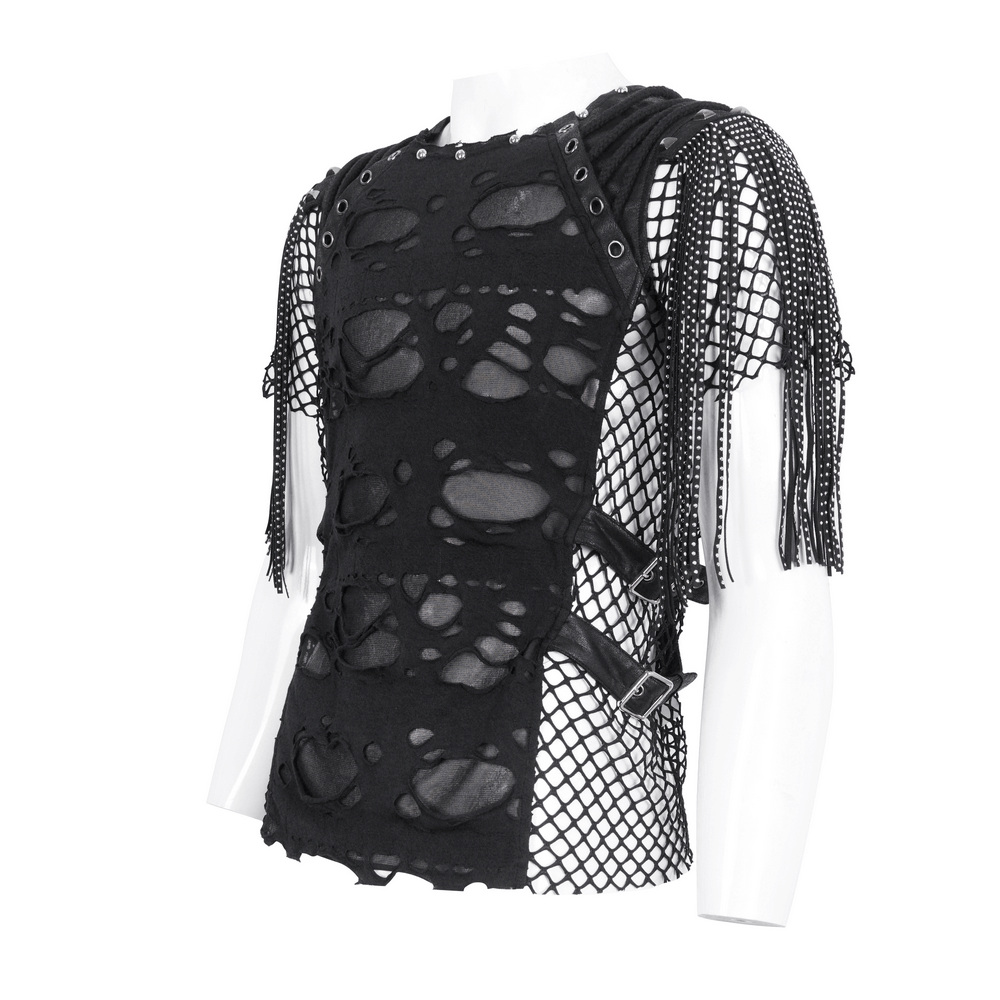 Chic black mesh t-shirt with fringe detailing, featuring edgy tassel accents and a relaxed fit perfect for street style.