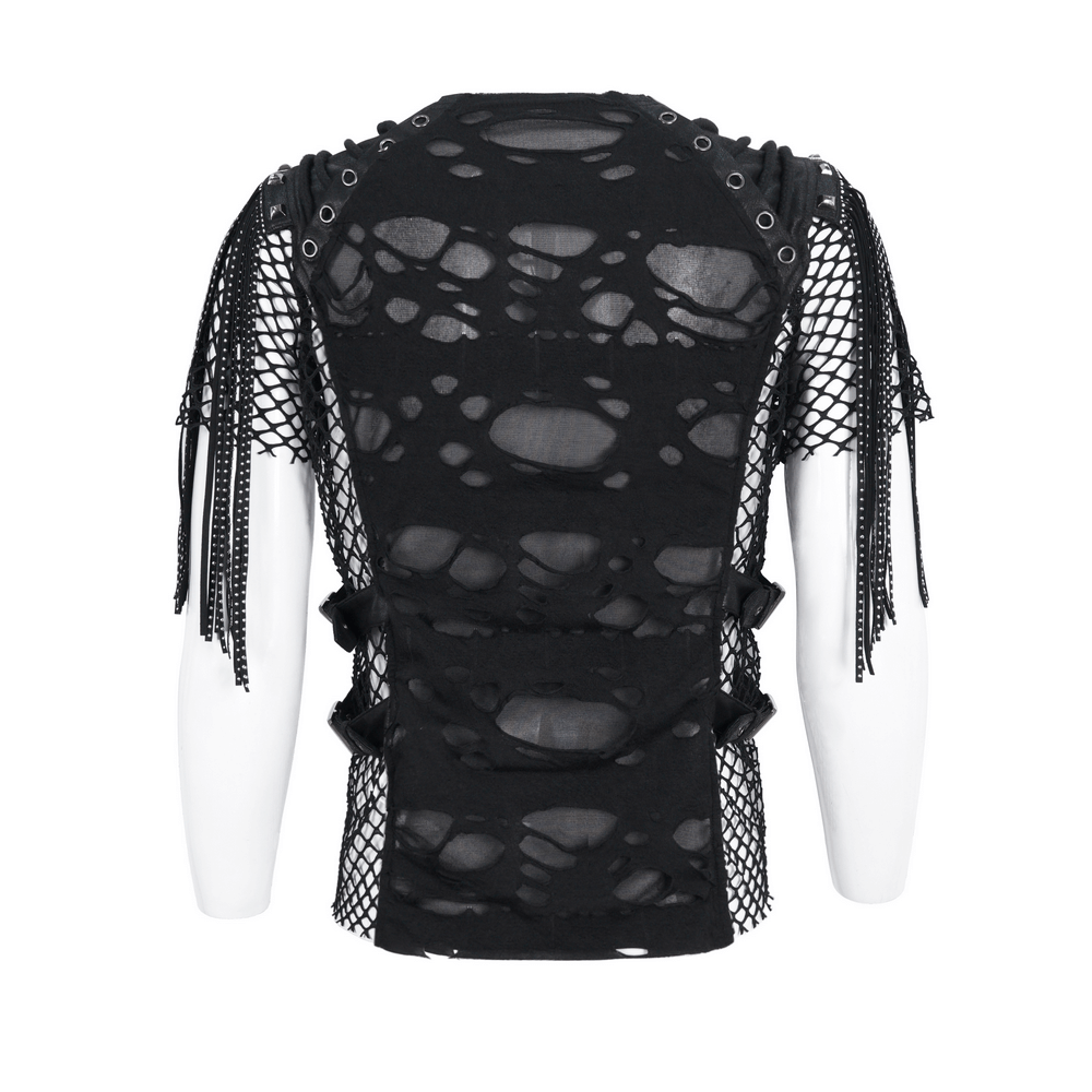 Back view of a chic black mesh t-shirt with fringe detailing and edgy design accents.