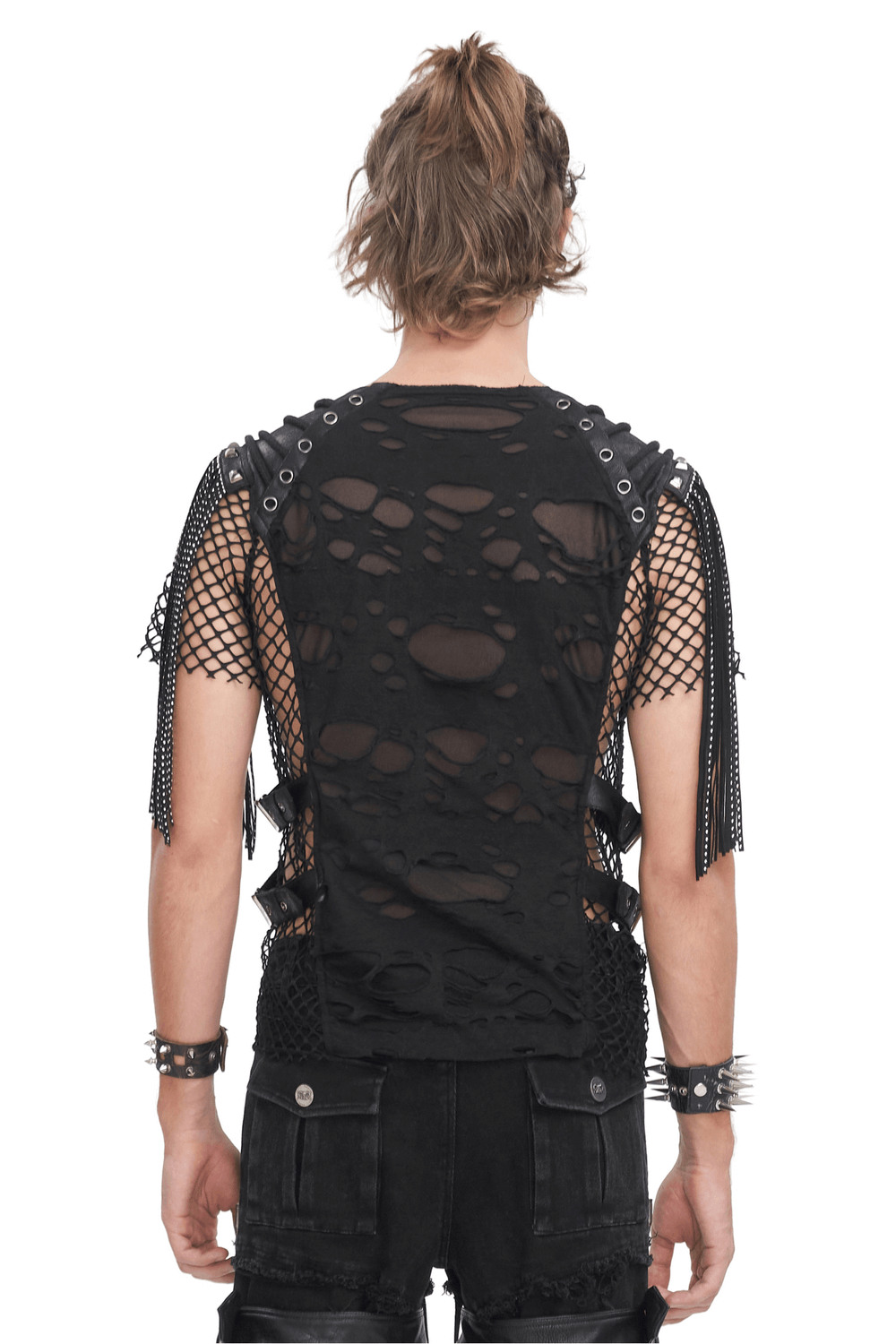 Chic Black Mesh T-Shirt with Fringe Detailing