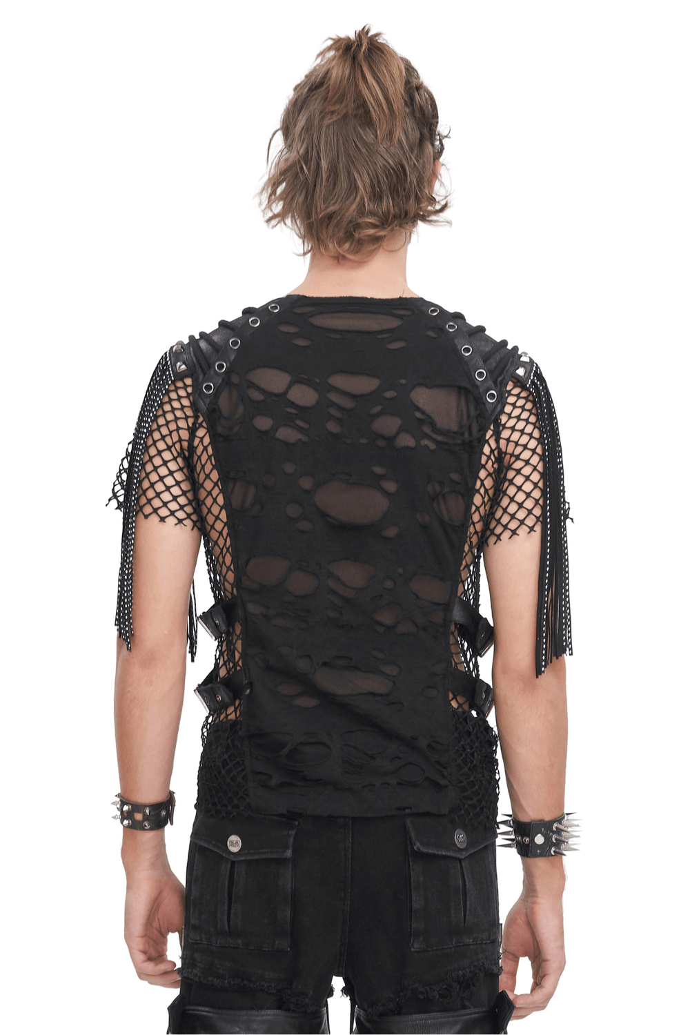 Back view of a chic black mesh t-shirt with fringe detailing and distressed accents, perfect for edgy street style.