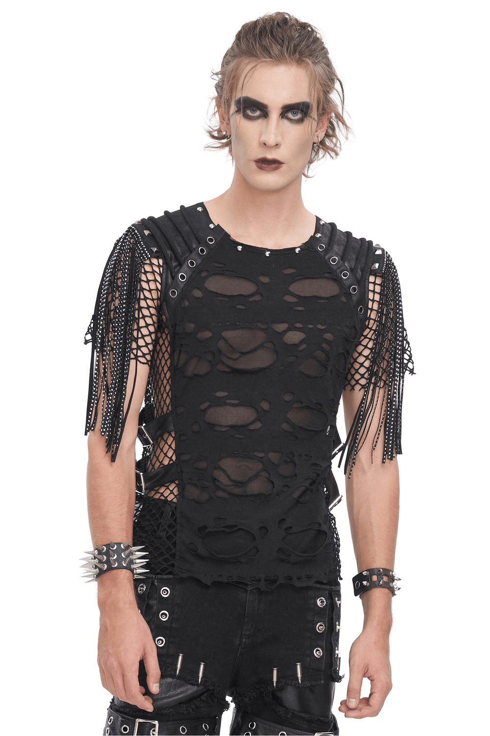 Edgy black mesh t-shirt with fringe detailing and stud accents, perfect for punk rock street style.
