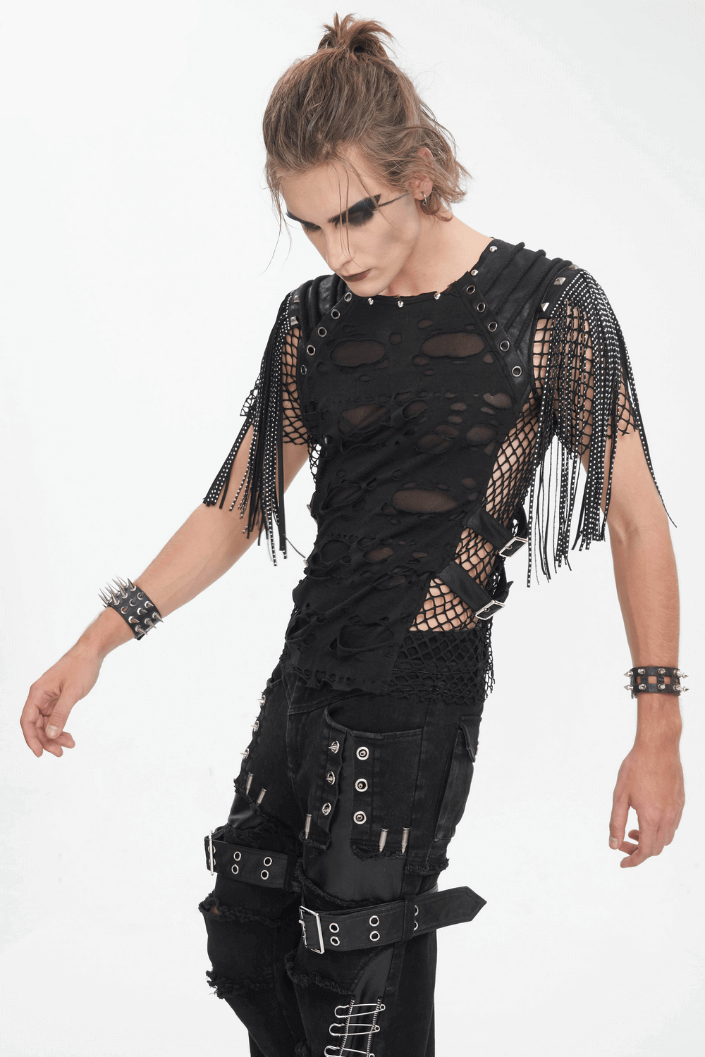 Edgy black mesh t-shirt with fringe and studs, showcasing street style fashion for goth and punk rock lovers.
