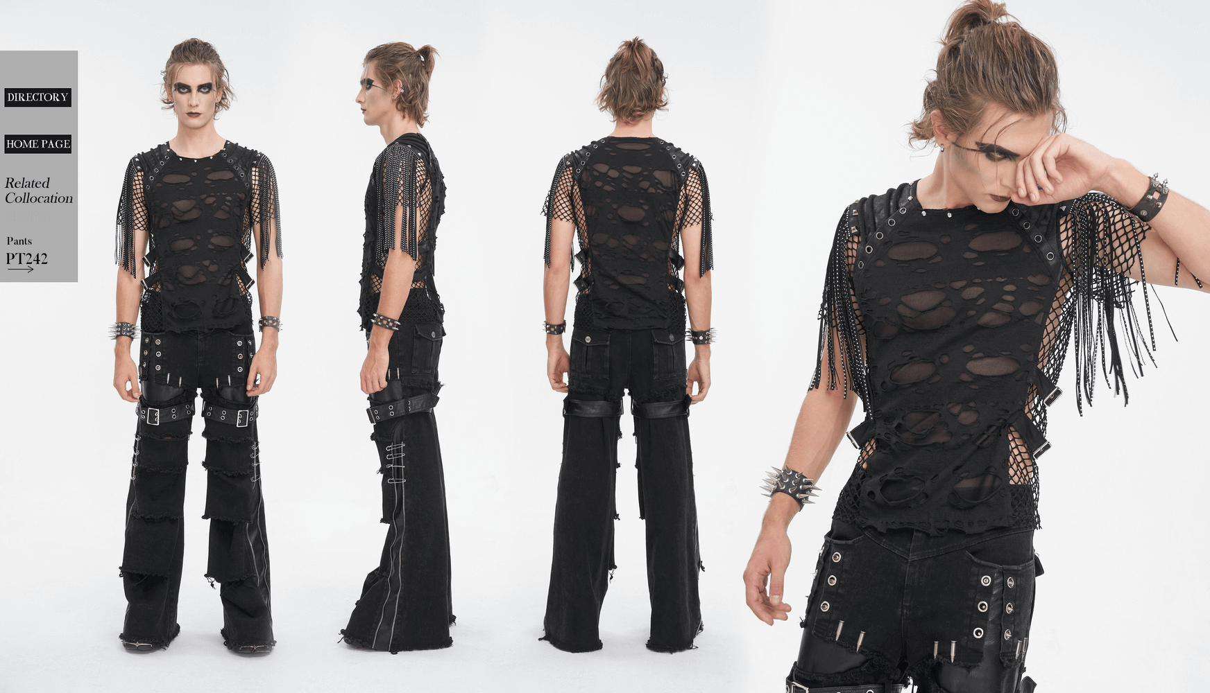 Edgy black mesh t-shirt with fringe and punk style, perfect for street fashion enthusiasts.